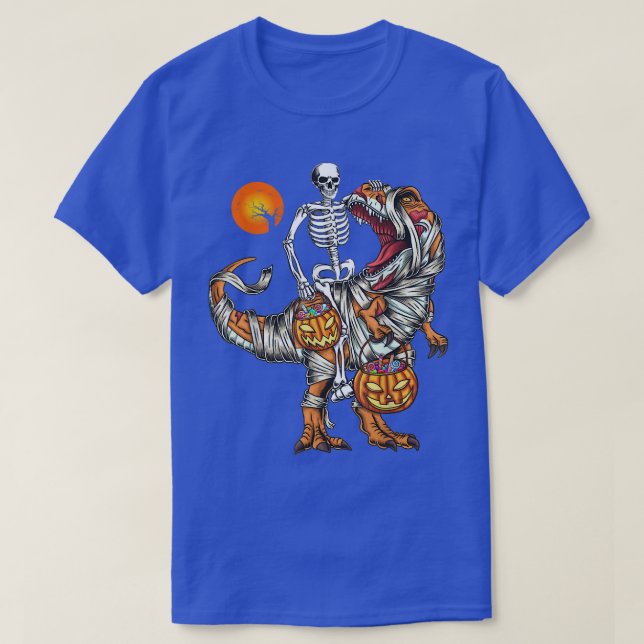 Camiseta Skeleton Riding Mummy Dinosaur T Rex Pumpkin Engra (Frente do Design)