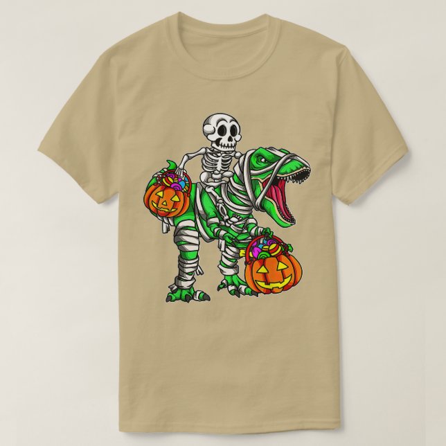 Camiseta Skeleton Riding Mummy Dinosaur T Rex Pumpkin Engra (Frente do Design)