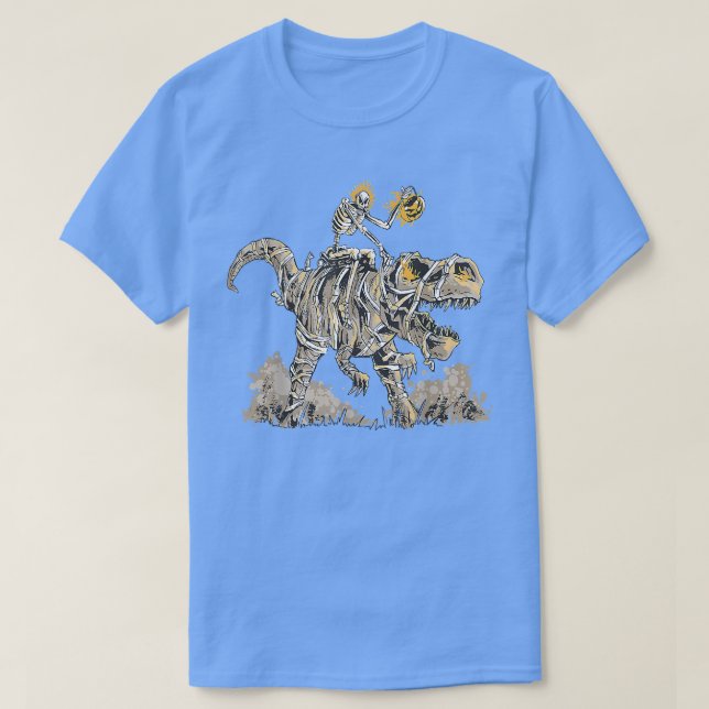 Camiseta Skeleton Riding Mummy Dinosaur T Rex Pumpkin Engra (Frente do Design)