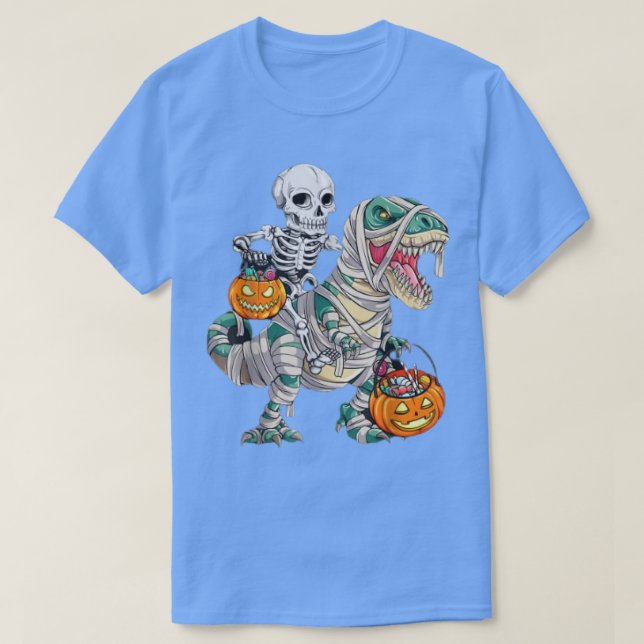 Camiseta Skeleton Riding Mummy Dinosaur T rex Pumpkin Engra (Frente do Design)