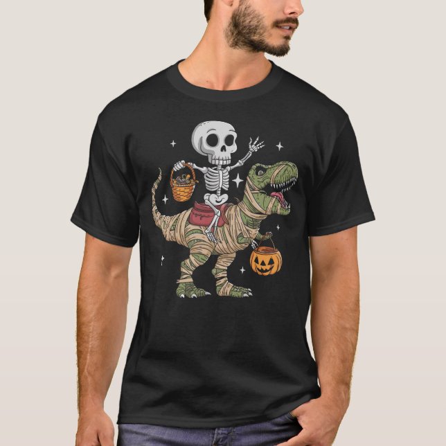 Camiseta Skeleton Riding Mummy Dinosaur T Rex Pumpkin Happy (Frente)