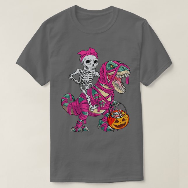 Camiseta Skeleton Riding Mummy Dinosaur Tre Halloween Pumpk (Frente do Design)