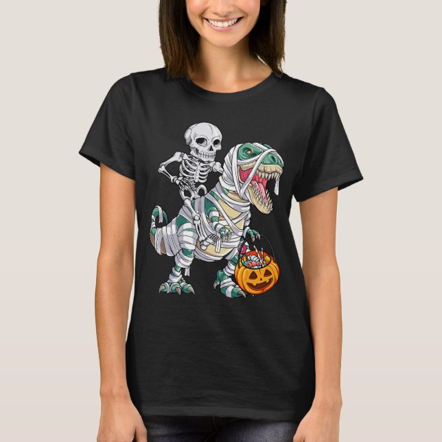 Camiseta Skeleton Riding Múmmy Dinossaur T rex Halloween (Frente)
