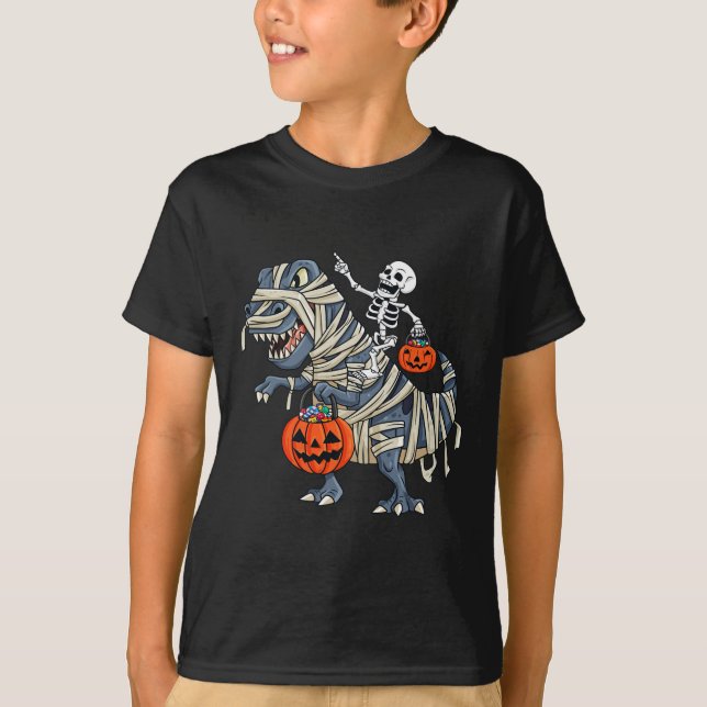 Camiseta Skeleton Riding Mummy T Rex Halloween Meninas K (Frente)