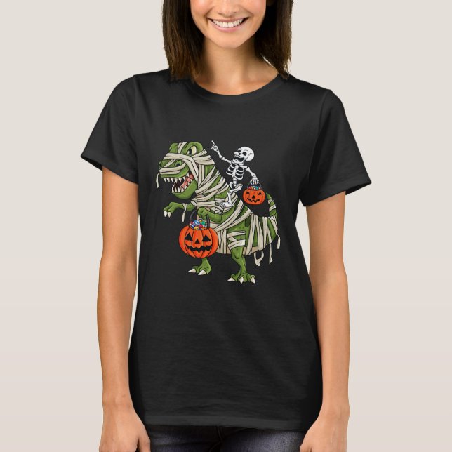 Camiseta Skeleton Riding Mummy T Rex Halloween Meninas K (Frente)