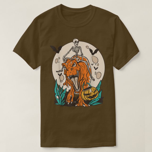 Camiseta Skeleton Riding T-rex Dinossaur Pumpkin Dino Hallo (Frente do Design)