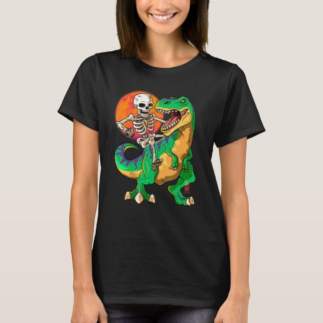 Camiseta Skeleton Riding T Rex Halloween Crianças Verde Din (Frente)