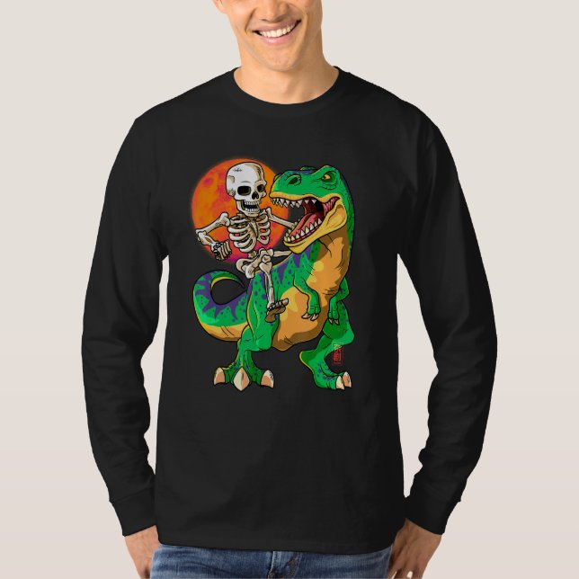 Camiseta Skeleton Riding T Rex Halloween Crianças Verde Din (Frente)