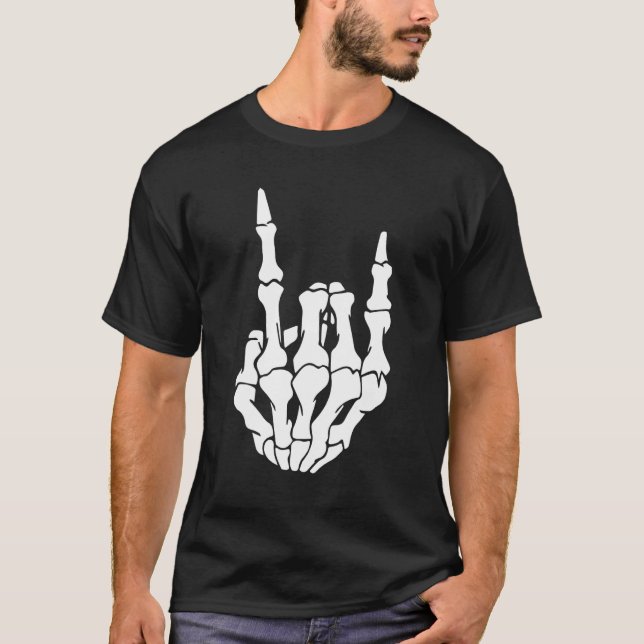 Camiseta Skeleton Rock Hand Sign Guitar Pick Guitarists Gui (Frente)