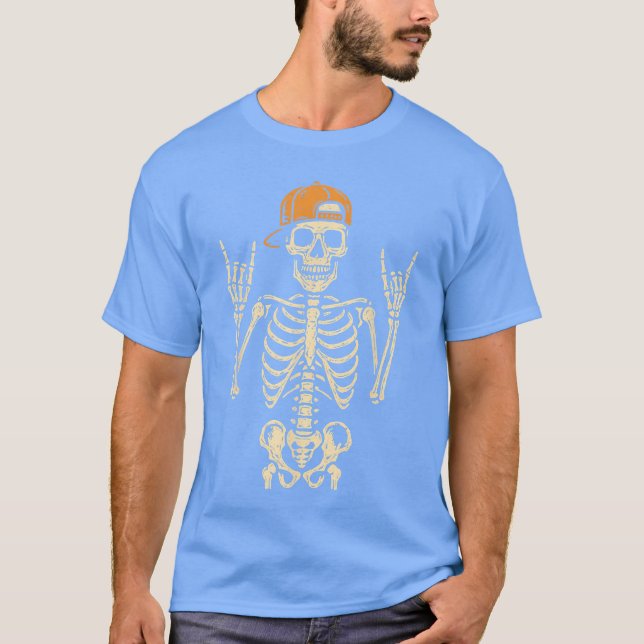 Camiseta Skeleton Rocker Rock On Hand Sign Punk Rock Roll H (Frente)