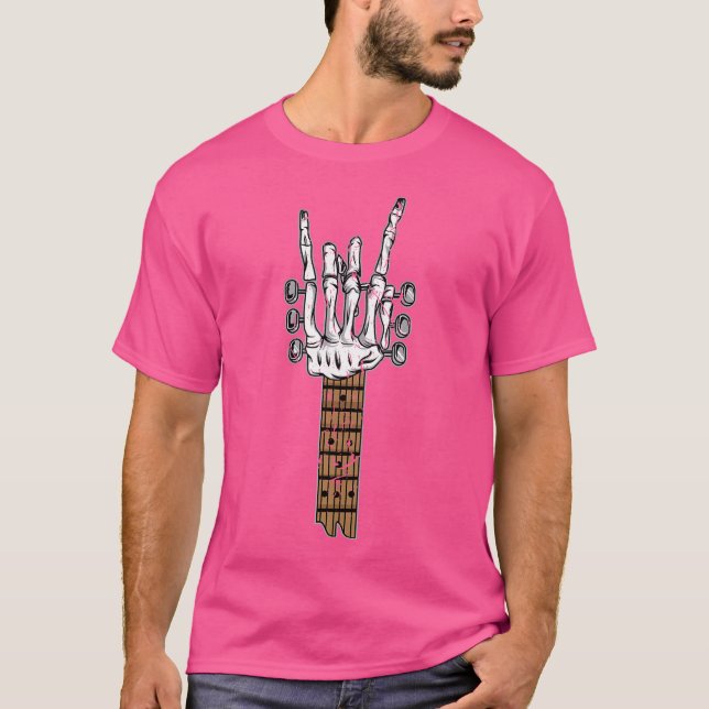 Camiseta Skeleton Rocking Hand Guitar Rock Sinal Heavy Meta (Frente)