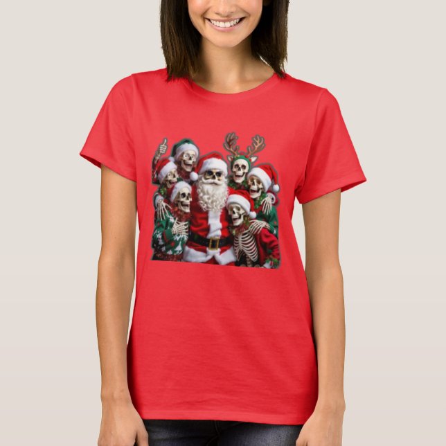 Camiseta Skeleton Santa Christmas Group Photo – Festive 3D  (Frente)