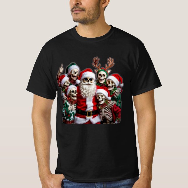 Camiseta Skeleton Santa Christmas Group Photo – Festive 3D  (Frente)