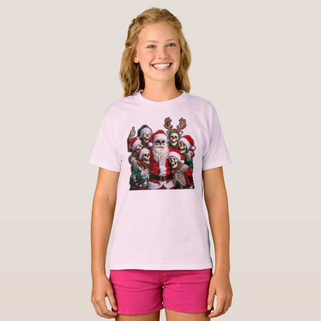 Camiseta Skeleton Santa Christmas Group Photo – Festive 3D  (Frente Completa)