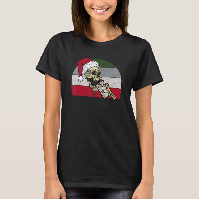 Camiseta Skeleton Santa Claus Hat Drinking Coffee  Christma (Frente)