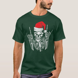 Camiseta Skeleton Santa Hat Rock E Roll Hand Legal Christm