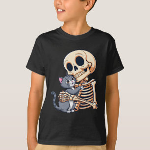 Camiseta Skeleton Segurando Um Gato Fora De Halloween Skul