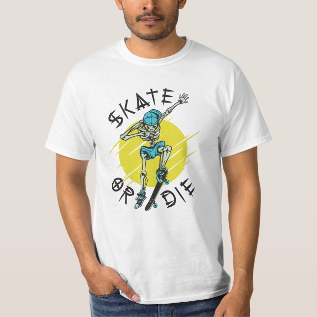 Camiseta Skeleton Skateboarder skate ou die (Frente)
