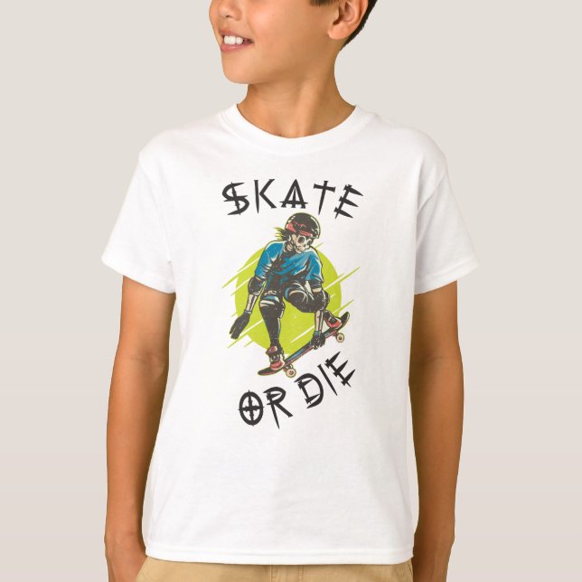 Camiseta Skeleton Skateboarder skate ou die (Frente)