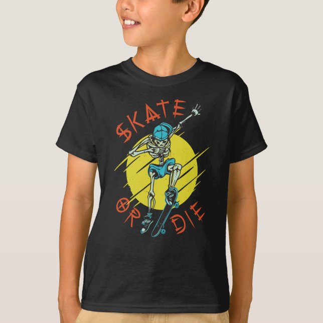 Camiseta Skeleton Skateboarder skate ou die (Frente)