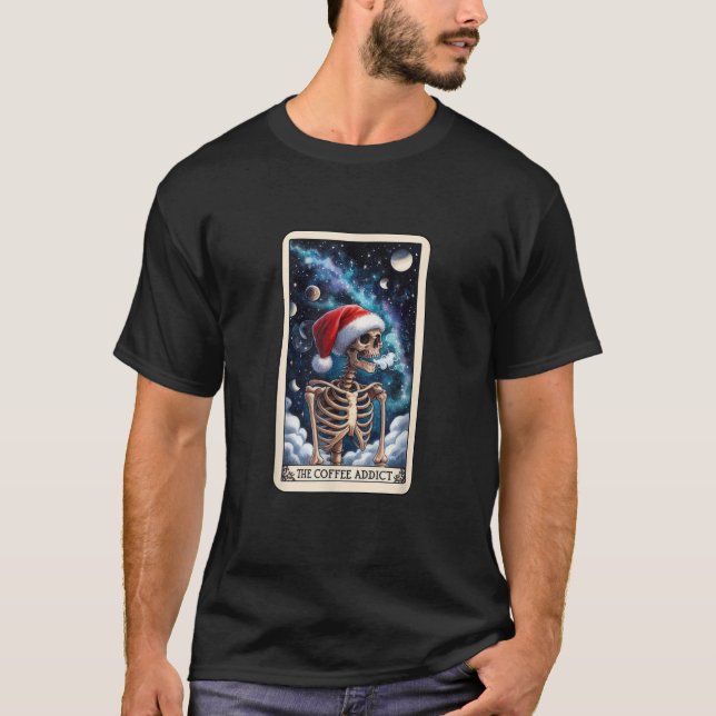 Camiseta Skeleton Skull Skull Engraçado, Viciado em Café (Frente)