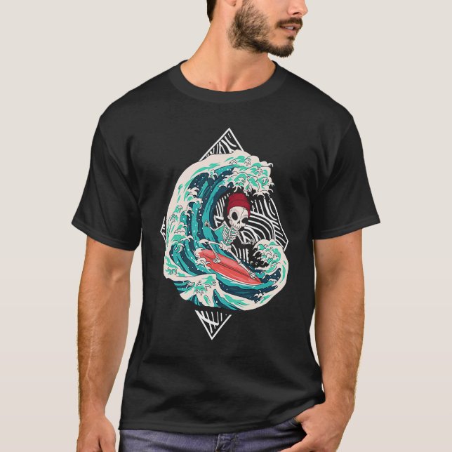 Camiseta Skeleton Surfer Waves Ocean Surfboard Surfing (Frente)