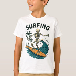 Camiseta Skeleton Surfing Retro Beach Wave Design