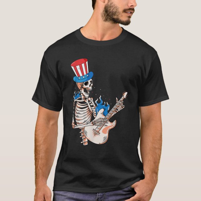 Camiseta Skeleton tocando violão 4 de julho Funny Patrioti (Frente)