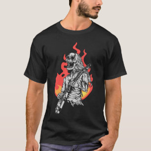 Camiseta Skeleton tocando violão elétrico chamas Rock