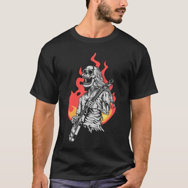 Camiseta Skeleton tocando violão elétrico chamas Rock (Frente)
