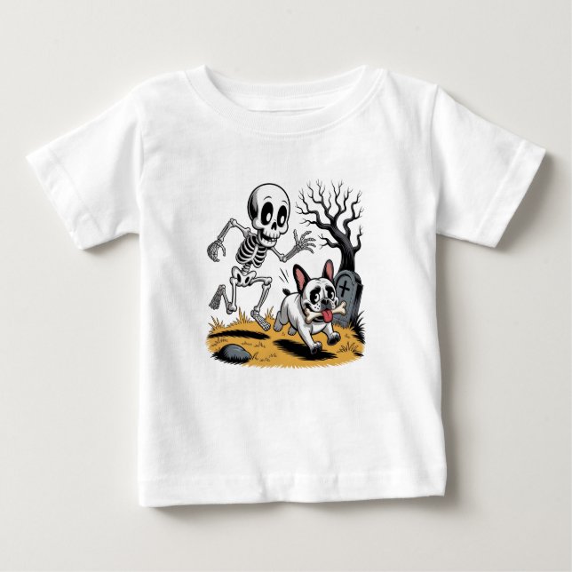 Camiseta Skeleton vs French Bulldog – Funny Halloween Chase (Frente)