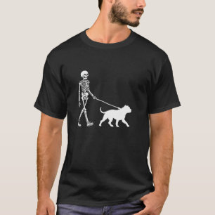 Camiseta Skeleton Walking a Pittie Dog Pit Bull Halloween O