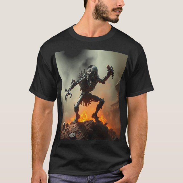 Camiseta Skeleton Warrior in a Burning Battlefield (Frente)