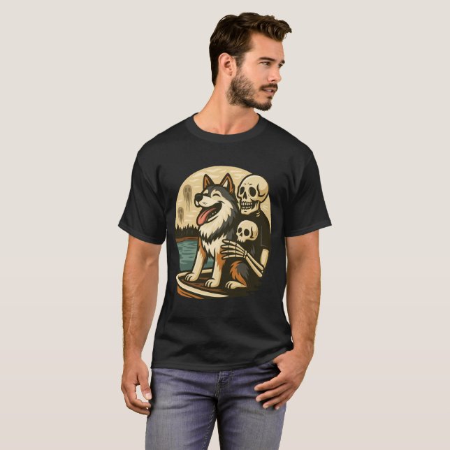 Camiseta Skeleton with Dog on Haunted Lake Horror Art (Frente Completa)