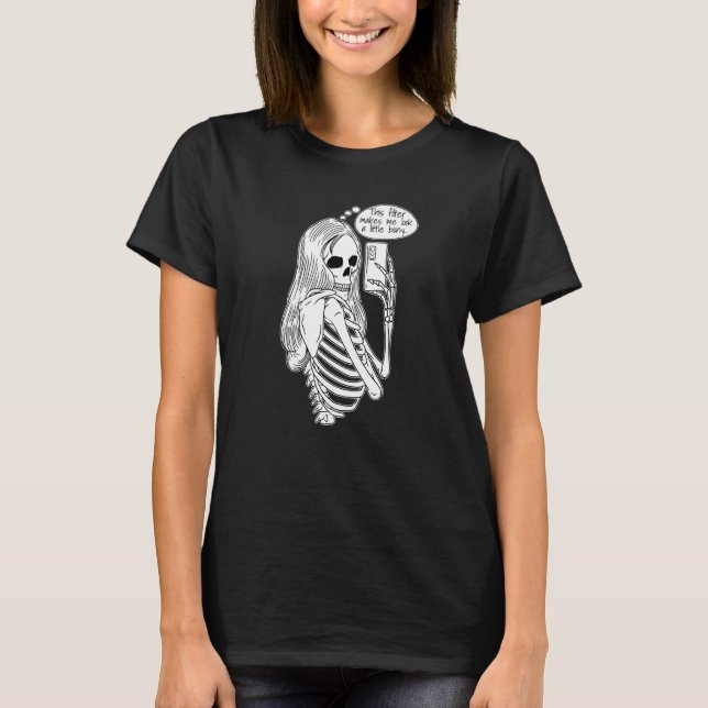 Camiseta Skeleton Woman with Cell Phone Taking Selfie Skull (Frente)