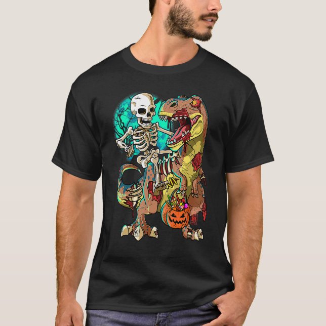 Camiseta Skeleton Zombie Rex Halloween Crianças Pumpkin Din (Frente)