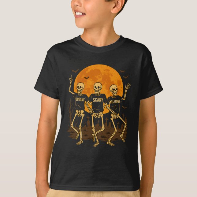 Camiseta Skeletons Assustadores do Dia das Bruxas - Dança (Frente)