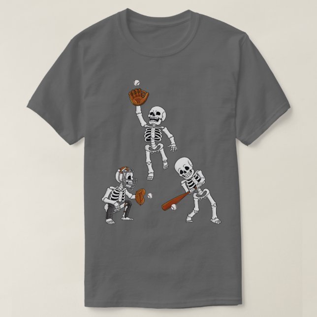 Camiseta Skeletons de Beisebol Halloween Meninos de Apanhad (Frente do Design)