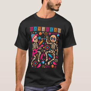Camiseta Skeletons Mexicanos Dançantes Coloridos - Dia Boni