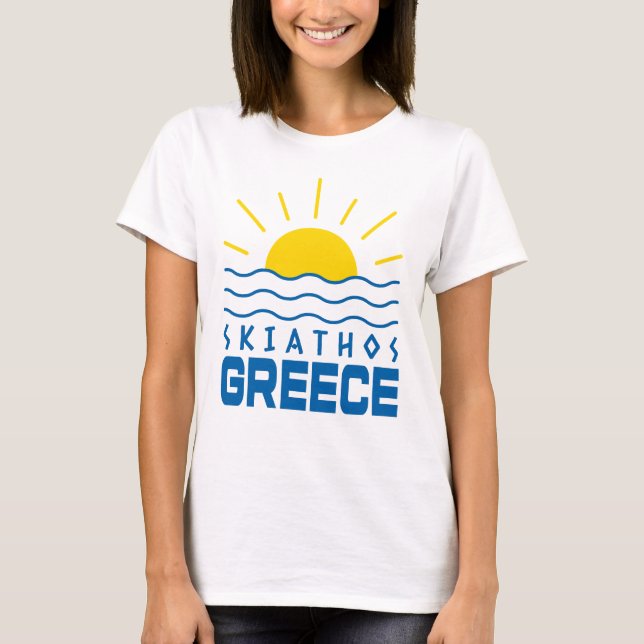 Camiseta Skiathos Grécia Mulheres Sol e Ondas do Mar (Frente)