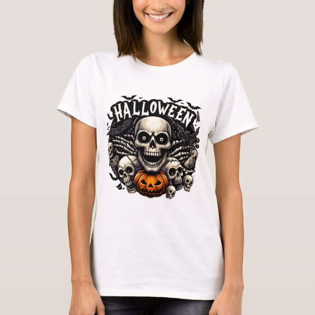 Camiseta Skull & Bats Halloween Frame Pumpkin (Frente)