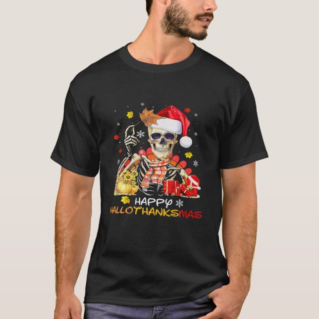 Camiseta Skull Happy Hallothanksmas Dia das Bruxas (Frente)