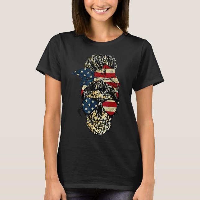 Camiseta Skull Messaging Leopard Imprima a bandeira america (Frente)