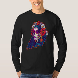 Camiseta Skull Red Flowers Dia Do Morto Mexicano Do Dia De 
