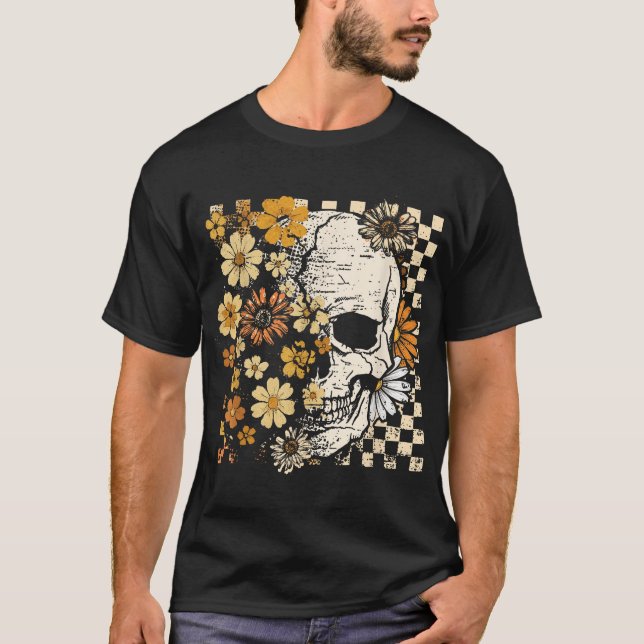 Camiseta Skull Skeleton Floral Fall Autumn Spooky Halloween (Frente)