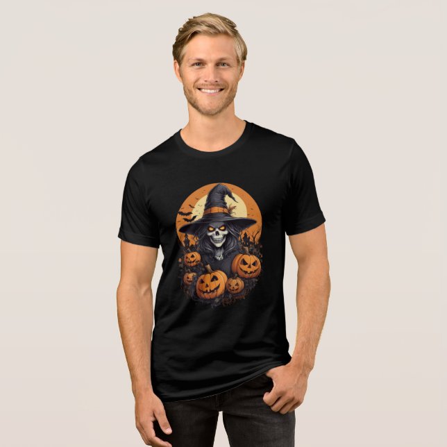 Camiseta Skull Witch with Pumpkins Halloween Art (Frente Completa)