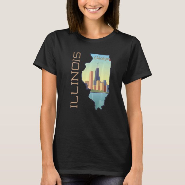 Camiseta Skyline Da Cidade De Chicago No Mapa Do Estado De  (Frente)