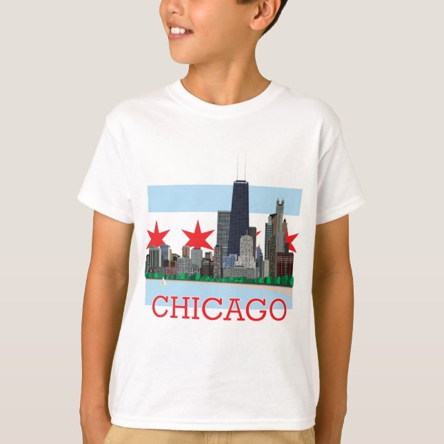 Camiseta Skyline de Chicago e bandeira da cidade (Frente)