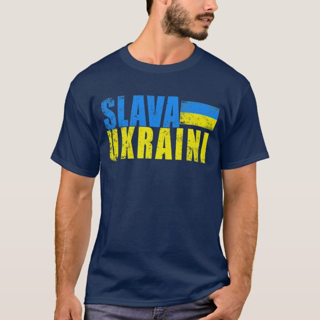 Camiseta SLAVA UKRAINI com o sinalizador ucraniano desapont (Frente)