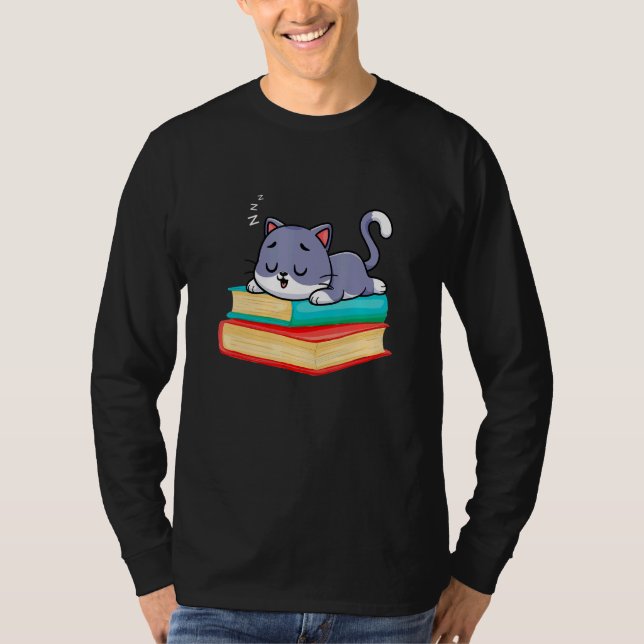Camiseta Sleeping Cat On Books Librarian bookish Cat & Book (Frente)